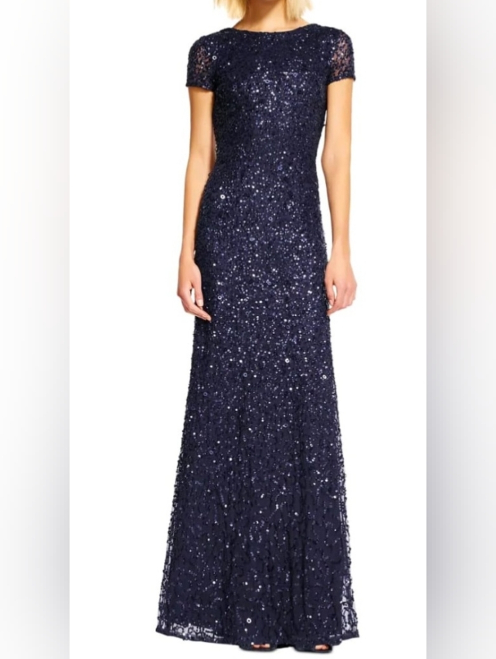 Adrianna Papell Dark Navy Scoop Back Sequin Gown. Size 8P